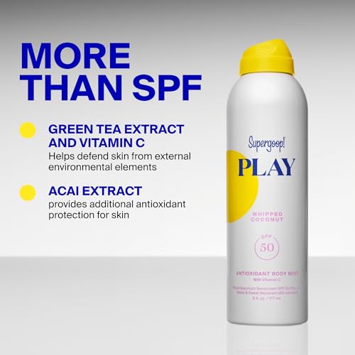 Supergoop! PLAY Antioxidant Body Mist w/Vitamin C - 6 fl oz - SPF 50 PA++++ Broad Spectrum Sunscreen - Body Spray - Great for Active Days - Whipped Coconut