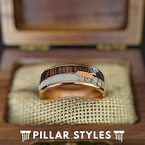 Rose Gold Ring Mens Wedding Band Arrow Deer Antler and Koa Wood Ring for Him Rustic Wood and Tungsten Rings for Men with Antler Inlay