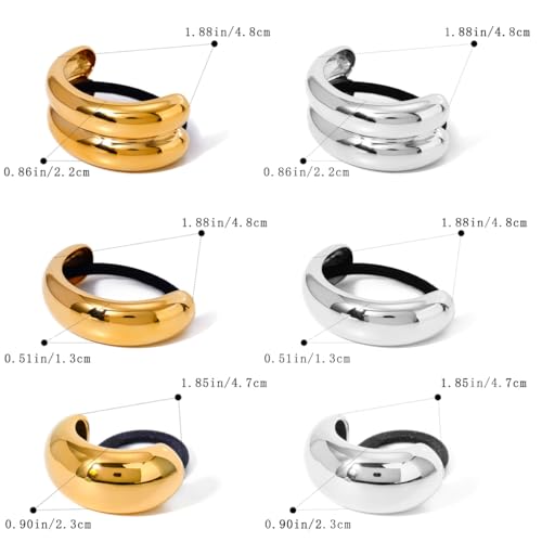 KuuGuu 6 PCS Metal Hair Ties Geometric Elastic Hair Ties Fashion Anti-Slip Glossy Arch Ponytail Hair Band Elegant Hair Cuff Wrap Hair Ties for Thick Hair for Women Hair Accessories （Gold, Silver）