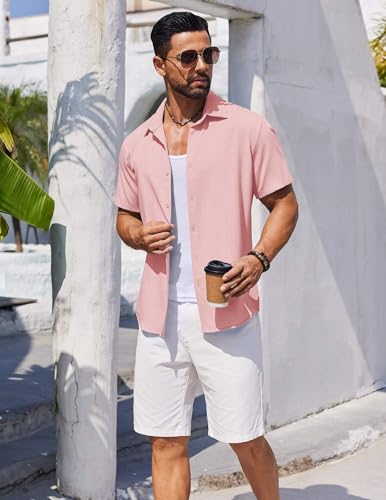 COOFANDY Men's Beach Shirts Short Sleeve Casual Shirt Summer Linen Button Up Shirts Pink