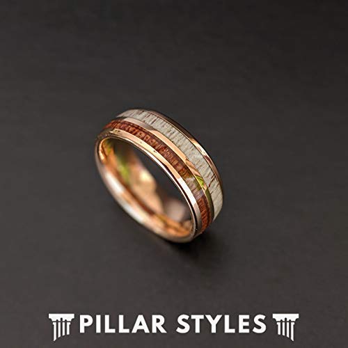Deer Antler Rings for Men Rose Gold Wedding Band with Koa Wood and Antler Inlay - Rustic Tungsten and Wood Rings for Him