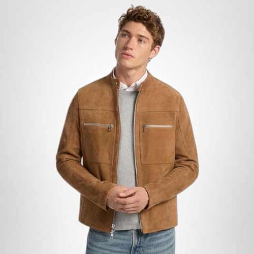 Michael Kors Men's Suede Double Zip Pocket Racer Jacket, Dark Camel, XL