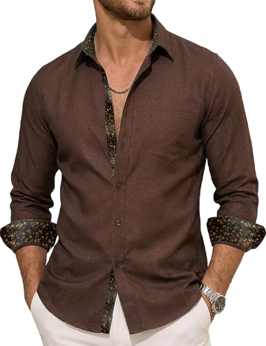 Barry.Wang Linen Brown Button Up Shirt Men Textured Breathable Long Sleeve Casual Contrast Floral Wedding Dress Business Formal