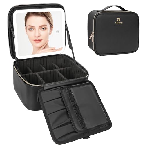 Relavel Travel Makeup Bag With LED Mirror, Cosmetic Train Case with Light up Mirror, Portable Makeup Artist Organizer Bag with Adjustable Dividers, Makeup Brush Holder Storage, Black