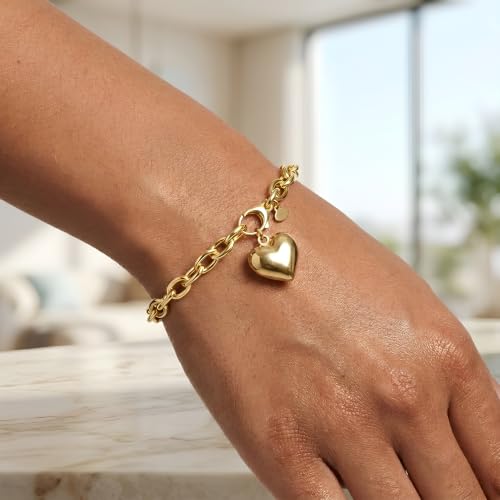 Floreo 14k Yellow Gold Oversized Charm Lock 5mm Rolo Link Bracelet, 7 Inch