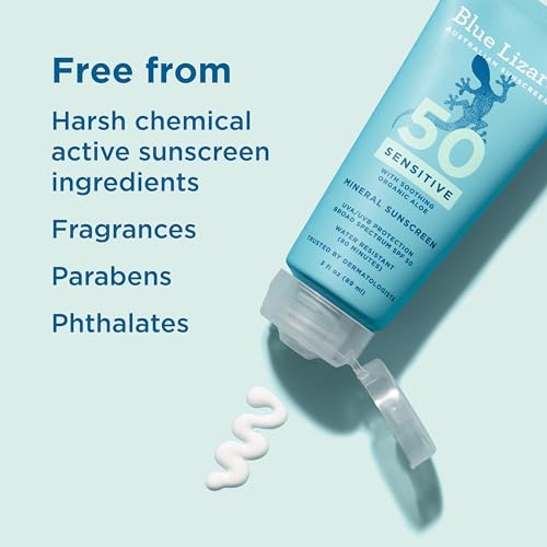 Blue Lizard SENSITIVE Mineral Sunscreen with Zinc Oxide, SPF 50+, Water Resistant, UVA/UVB Protection with Smart Cap Technology - Fragrance Free, 3 oz. Tube