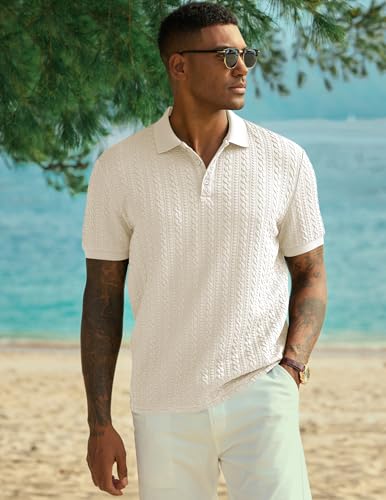 JMIERR Polo Shirts for Men Classic Fit Casual Ribbed Button Down Shirt Quiet Luxury Clothes Casual Collared Shirt, US43(L), Apricot