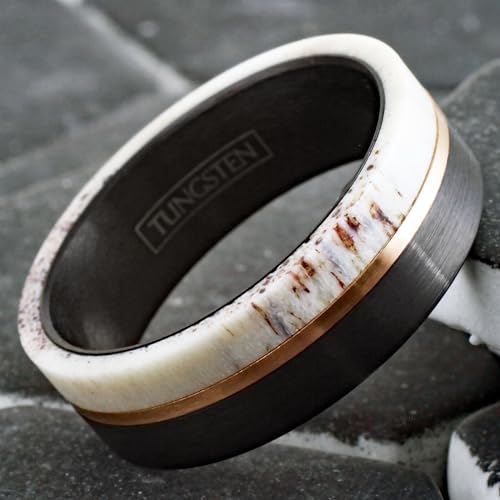 King's Cross Exquisite 8mm Brushed Finish Black Tungsten Carbide Flat Band Ring with Rose Gold Stripe and Raw Speckled White Deer Antler Inlay. (Tungsten (8mm), 11) White/Wood/Horn/Antler/Brown/Tan