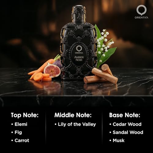 Orientica Luxury Amber Noir Eau De Parfum 2.7oz/80ml - Spicy Mens Cologne with Notes of Elemi, Fig, Carrot, Cedar, Musk - Woody Arabic Perfume for Men & Women - Perfumes Arabes Para Hombres y Mujer