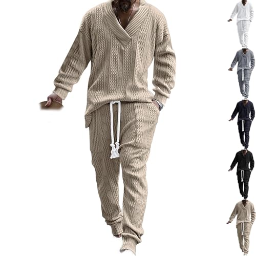 Cable Jacquard Set, Athleisure Men's V-Neck Long Sleeve Tops and Drawstring Jogging Suits 2 Piece Set, Men's Tracksuits (Khaki,Medium)