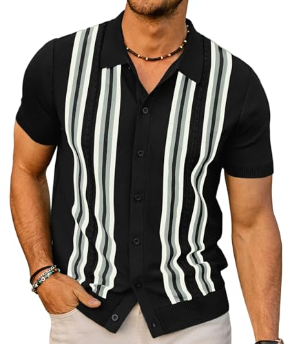 PJ PAUL JONES Mens Short Sleeve Knitted Polo Shirts Vintage Striped Summer Knit Shirt Mens Collared Shirts Short Sleeve Black L