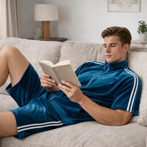 SAMDIPLUS Mens Velour Tracksuit 2 Piece Outfit Short Sleeve Full Zip Jacket and Shorts Set Summer Casual Loungewear