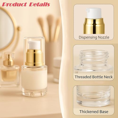 6Packs 20ml Clear Glass Lotion Pump Bottles Refillable Travel Cosmetic Containers with Pump and Clear Cap Mini Empty Dispenser Jars for Serum, Essence, Toner, Skincare, Essential Oils (Golden)