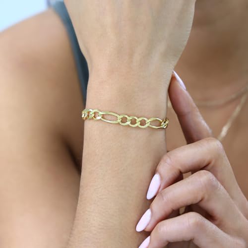 Nuragold 10K Real Yellow Gold Figaro Solid Link Chain Bracelet Men & Women - 7",6.5mm