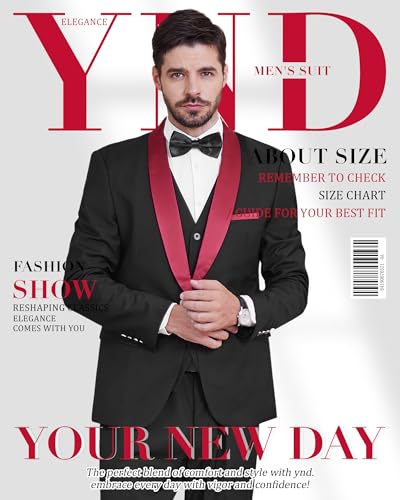 YND Men's 3 Piece Tuxedo Set with Bow Tie, Slim Fit One Button Shawl Lapel Suit Blazer Vest Pants, for Wedding Prom Dinners, Burgundy