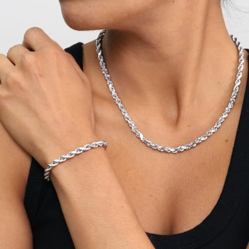 Nuragold 10K Real White Gold Rope Chain Diamond Cut Bracelet (2mm-5mm) - 5mm,9"