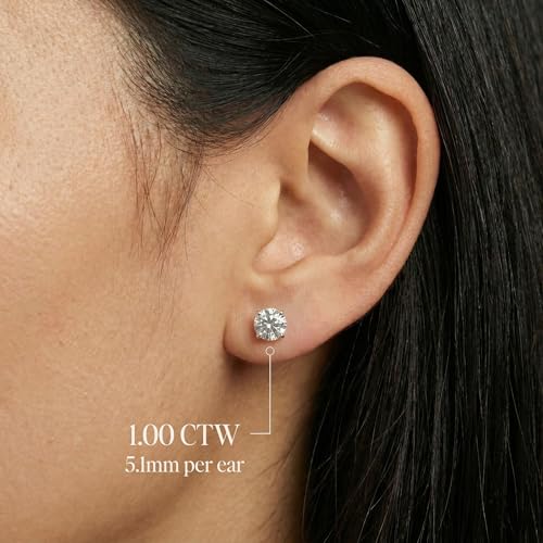 Natural Diamond Stud Earrings for Women in 14K Solid Gold (0.20-0.50 CTW) Round Brilliant, 4-Prong, Friction Backs (White Gold, 1 ct. tw.)