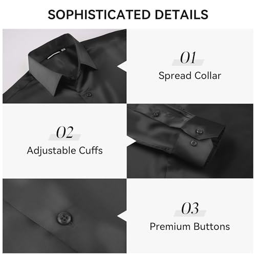 WARHORSEE Mens Silk Satin Dress Shirts Shiny Long Sleeve Button Down Shirt Party Prom Wedding Shirt,Black,L