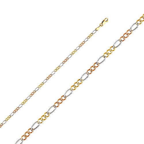 14k REAL Tri Color Gold Solid 2.5mm Figaro 3+1 Concave Chain Bracelet with Lobster Claw Clasp - 7"