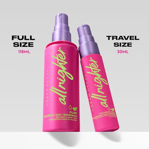 Urban Decay All Nighter Hyaluronic Acid Waterproof Dewy Setting Spray for Face (Travel Size), Luminous Glowy Look, Long-lasting, Smudge-proof & Transfer-resistant Makeup, Watermelon Scent - 1 fl oz