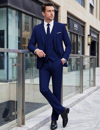 WULFUL Men’s Slim Fit Suit One Button 3-Piece Blazer Dress Business Wedding Party Jacket Vest & Pant Blue