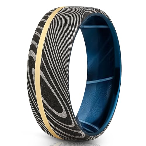The Jewelry Source Men’s 7mm Damascus Steel Ring with 14K Gold Inlay – Ocean Blue Sleeve (4.5)