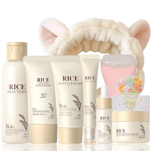 9PCS Rice Skincare Set for Women & Girls – Korean Skin Care Set with Rice Cleanser, Toner, Serum, Face Cream, Eye Cream, Sunscreen, Ice Roller, Headband & Card – Moisturizing & Skin Barrier Support