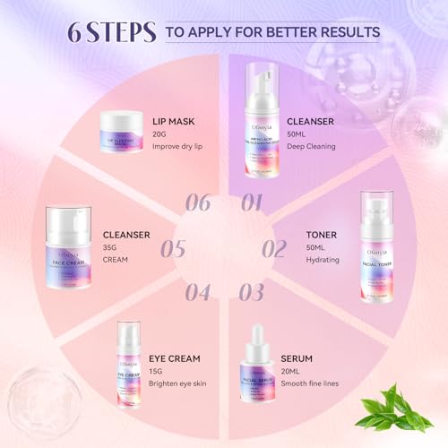 Collagen Retinol Skincare Set, 6 Pcs Anti-Aging Skin Care Set with Hydrating Cleanser, Eye Cream, Toner, Cream & Lip Mask, Facial Kit for Women, Birthday Gift for Her