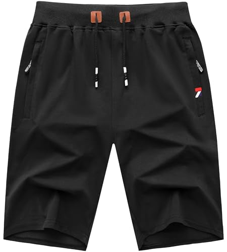 GEEK LIGHTING Mens Shorts Casual Cotton Drawstring Zipper Pockets Elastic Waist Lightweight Summer Athletic Beach Shorts Black