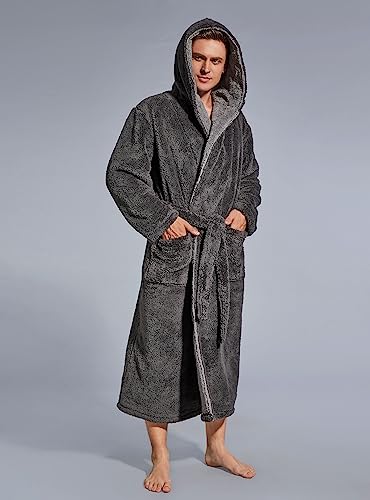 SlumberMee Mens Robe with Hood, Heavyweight Plush Fleece Bathrobe for Men, Full Length Soft Shu Velveteen House Coat with Secure Sewn-in Belt and Deep Pockets(Dark Grey, M)