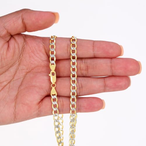 Nuragold 14K Real Yellow Gold Cuban Curb Pave Diamond Cut Chain Necklace - 5.5mm,22"