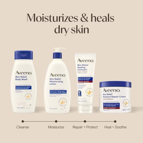 Aveeno Skin Relief Moisturizing Body Lotion Heals Very Dry, Sensitive Skin, Fast Absorbing Lotion with Soothing Triple Oat & Shea Butter Formula, Fragrance Free Lotion, Non-Comedogenic, 18 Fl Oz
