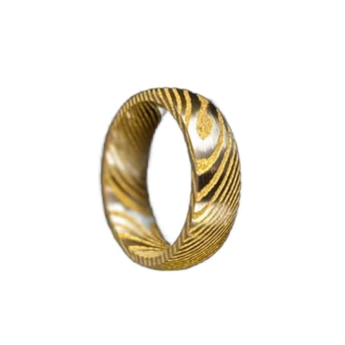 8mm Yellow Gold Damascus Rings For Men 14K Gold Wedding Bands Damascus Steel Ring Silver Stainless Steel Couples Rings with Comfort Fit Sizing Unique Engagement or Anniversery Gifts