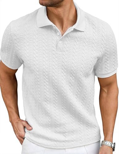 JMIERR Polo Shirts for Men Classic Fit Casual Ribbed Button Down Shirt Quiet Luxury Clothes Casual Collared Shirt, US43(L), White