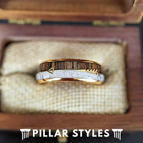 Pillar Styles 14K Gold Antler Wedding Band with Koa Wood and Arrow Inlay - Men's & Women's Unisex Rustic Boho Ring