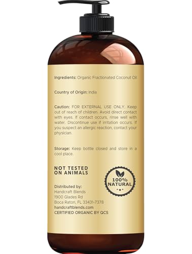 Handcraft Blends Organic Fractionated Coconut Oil | 100% Pure and Natural | Bath & Body Oil | Premium Grade Carrier Oil | Skin | Hair | Body | Massage | Hexane-Free | 16 Fl Oz