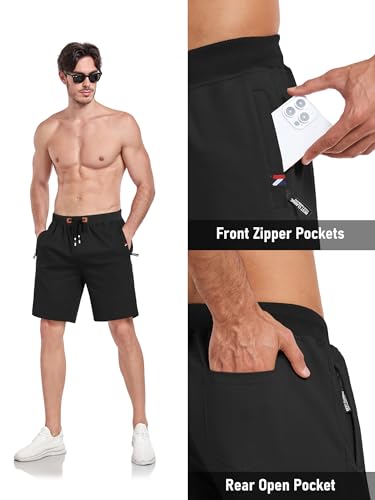 GEEK LIGHTING Mens Shorts Casual Cotton Drawstring Zipper Pockets Elastic Waist Lightweight Summer Athletic Beach Shorts Black