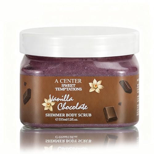 Sweet Shimmer Body Scrub - Exfoliate & Glow for Soft, Radiant Skin - 12 oz / 355ml with Jojoba Oil & Vitamin E for All Skin Types (Vanilla Chocolate)