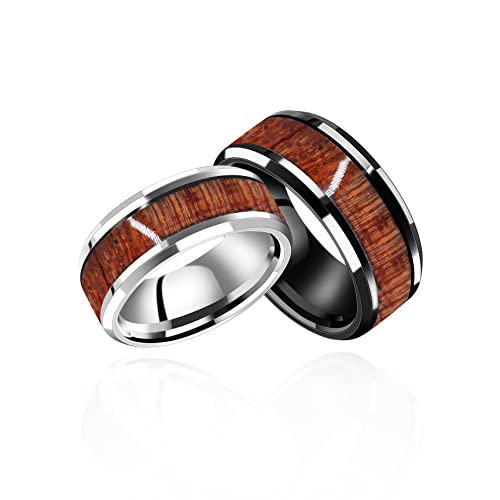 8mm Black Stainless Steel Wedding Band Wooden Inlay Engagement Rings for Men Y1539 (Black, size 10)