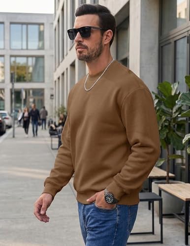 JMIERR Men's Casual Fleece Long Sleeves Crewneck Essential Sweatshirts Thick Cotton Pullover Sweatshirt for Men, Large, Brown