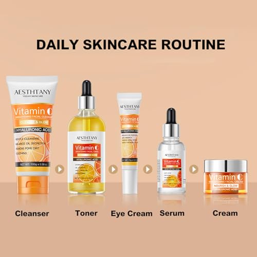 R RadiantRise Vitamin C Skin Care Set For Women , 5-In-1 Moisturizing Hyaluronic Acid Skin Care Routine with Facial Cleanser, Serum, Face Cream, Eye Cream, Toner