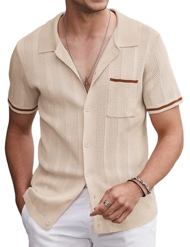 COOFANDY Men's Vintage Polo Shirts Short Sleeve Casual Beach Button Down Shirts Summer Lightweight