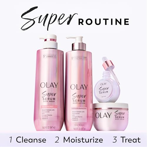 Olay Super Serum Hand & Body Lotion for Dry Skin, 24hr Long Lasting Hydration, 5+ Ingredient Complex for Bright Even Firm Luminous Skin, Sweet Vanilla & Soft Wood Scent, 18.5 fl oz
