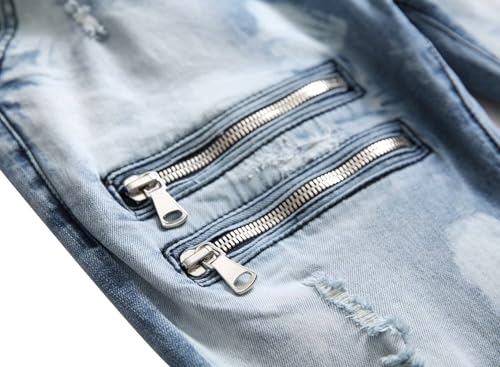 HENGAO Mens Ripped Skinny Slim Fit Stretch Jeans, Fashion Distressed Destroyed Comfort Straight Leg Denim Pants, 1161 Light Blue, 44