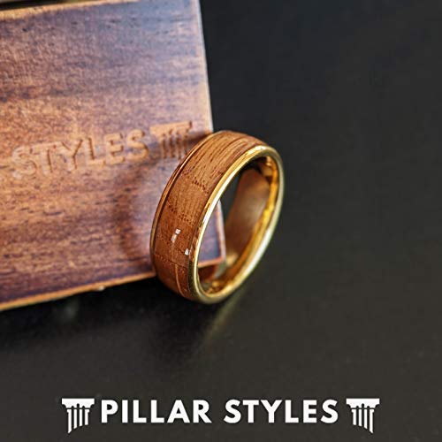 Pillar Styles 14K Gold Whiskey Barrel Wedding Bands, Rustic Elegance Bourbon Barrel Rings, Unisex Comfort Fit, 8mm Gold Tungsten & Wood Inlay for Him
