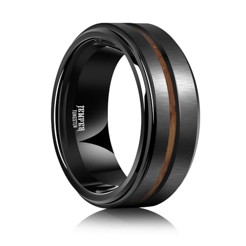 JEWPER 8mm Men Womens Wedding Band Tungsten Rings Black Fashion Promise Carbide Inlaid whiskey barrel wood Outer ring step edge sanding Matte Finish Edge Comfort Fit size(10)