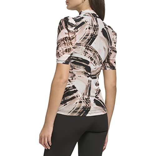 DKNY Women's Half Sleeve Crew Neck Blouse, Rose Multi, XS