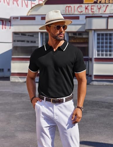 COOFANDY Mens Polo Shirts Short Sleeve Casual Knit Polo Shirt Vintage Golf T Shirts Old Money Tops Black