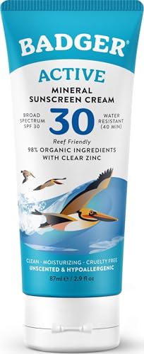 Badger Mineral Sunscreen Cream SPF 30, Zinc Oxide Sun Care, 98% Organic, Reef Safe, Water Resistant, Unscented Face and Body Sunscreen Travel Size, 2.9 fl oz