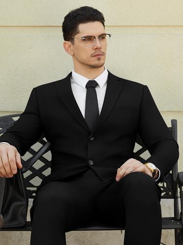 WEEN CHARM Men's Suits Slim Fit 2 Piece Black Tuxedo Two Button Wedding Groom Prom Party Blazer Pants Set